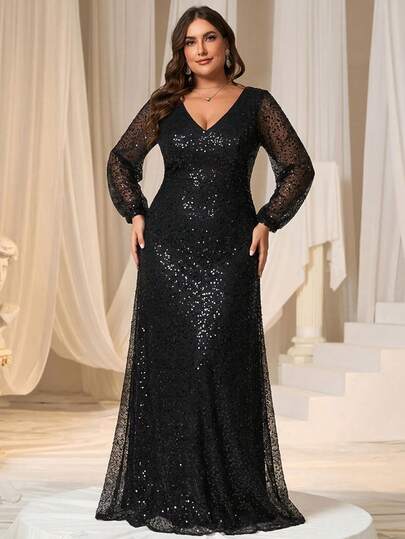 EVERPRETTY 大码女士奢华惊艳V领灯笼袖黑色正式晚礼服，适合晚宴、毕业典礼、节日、冬季婚礼宾客等场合。