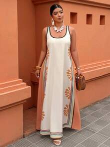 杏色无袖印花长裙 - 复古波西米亚风格，适合度假、休闲穿着，尺码齐全，女士春夏连衣裙，优雅大方 - 彩色 - 查看 4