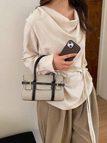 Women's Stylish Color-Blocked Canvas Tote Bag, Large Capacity Retro Patchwork Commuter Handbag - Black - View 6