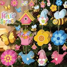 12Pcs Spring Ornaments For Tree Butterfly Flower Bird Wooden Hanging Sign DIY Crafts Home Decoration - 紅色 - 查看 4
