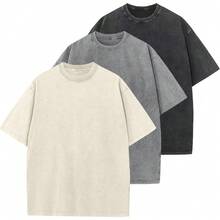 3pcs Men's Cotton T-Shirts Oversized Unisex Short Sleeves Casual Loose Wash Solid Basic Tee Tops - 米色+黑色+灰色 - 查看 1