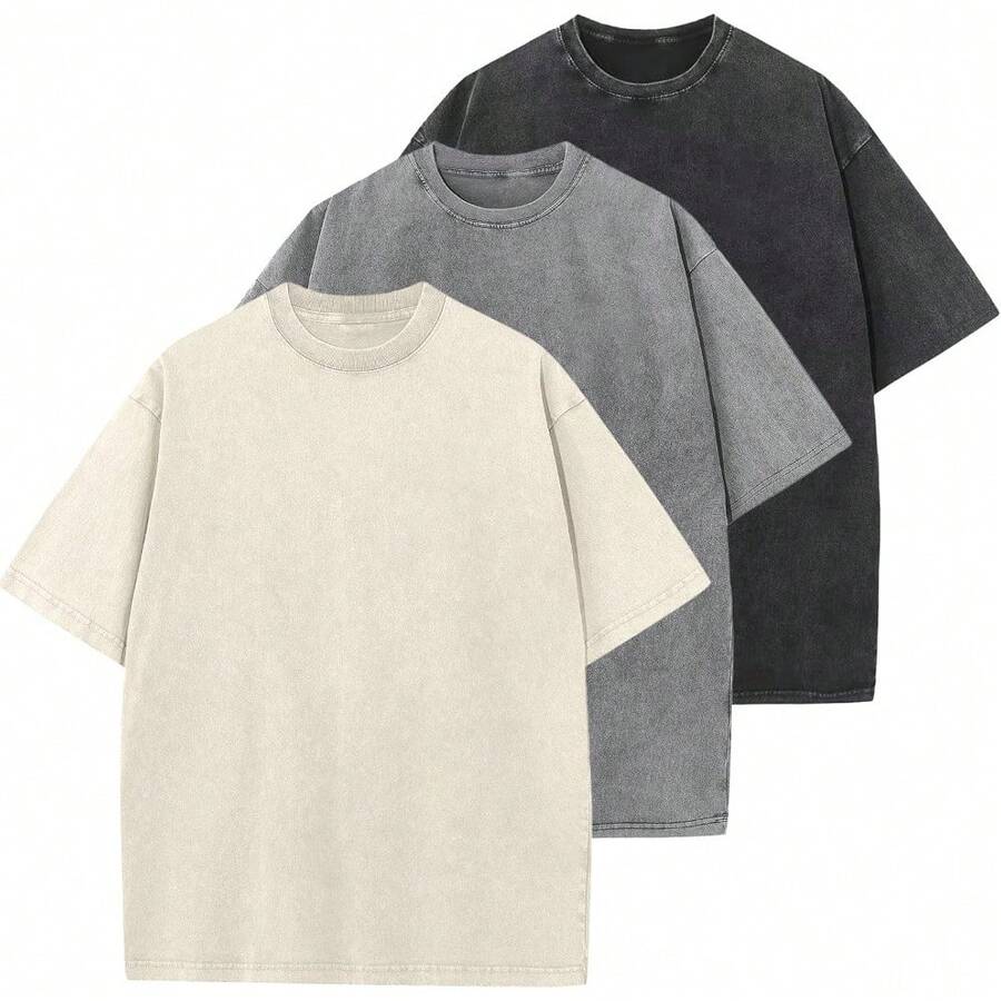 3 piezas Camisetas de algodón para hombres, oversize unisex de manga corta, casuales, sueltas, lavadas, de color sólido, camisetas básicas - Beige+negro+gris - Ver 1