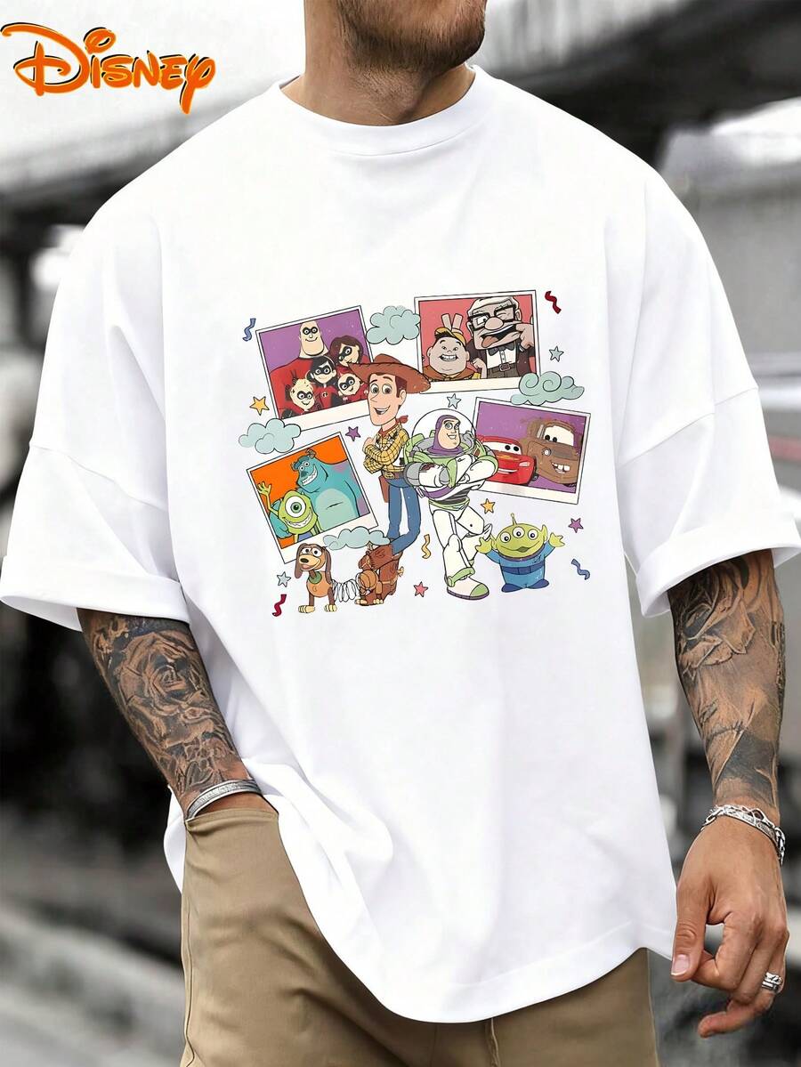 Disney Men's Casual T-Shirt, Character Collage Print, Nostalgic & Vibrant Design, Ideal For Fans & Casual Gatherings - trắng - Xem 1