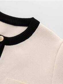 DEEKA Summer New Women's French Contrast Color Button Round Neck Fitted T-Shirt Short Sleeve Knit Cardigan Spring - White 1 - View 6