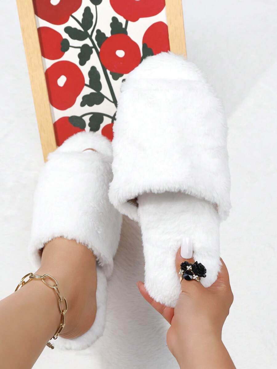 女士时尚毛绒家居拖鞋，室内静音拖鞋，保暖女士拖鞋，轻便卧室拖鞋 - 白色 - 查看 1