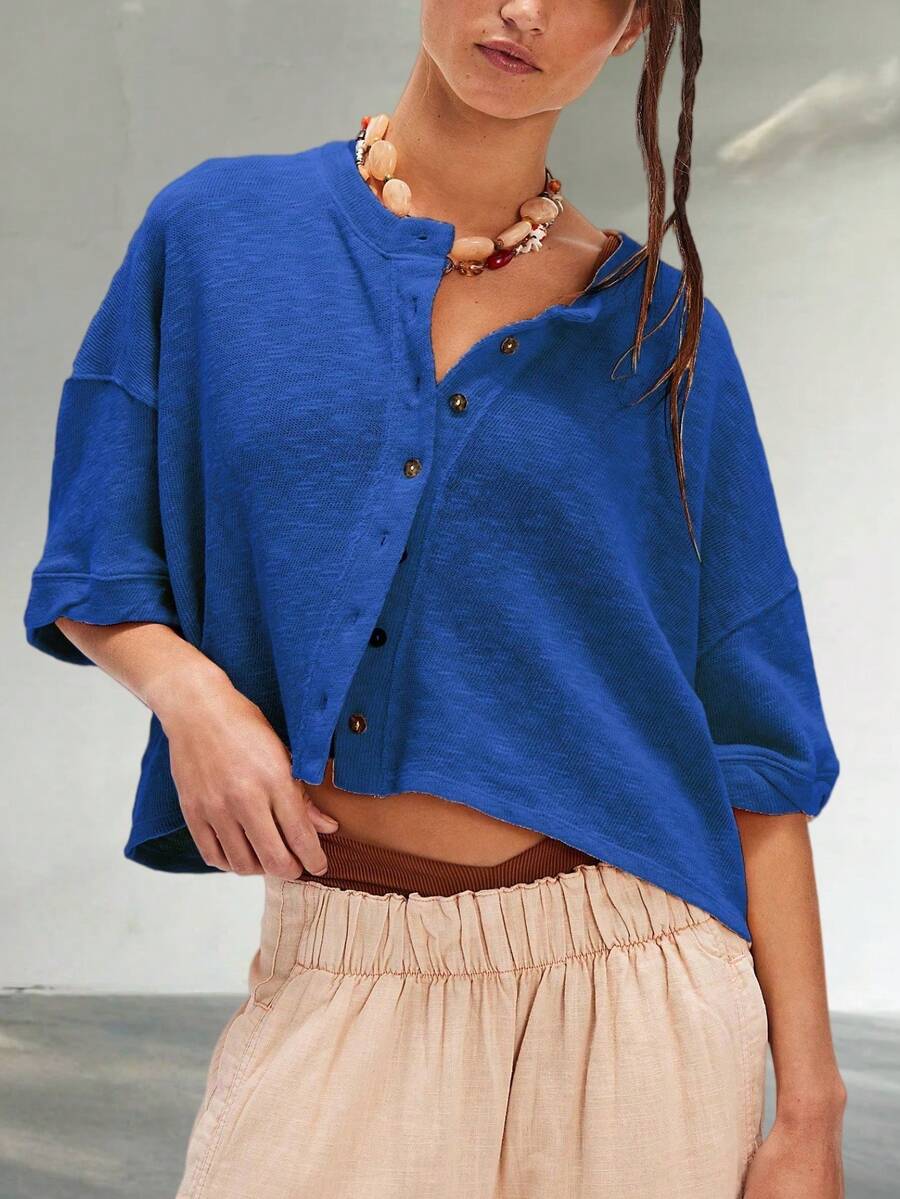 Women Half Sleeve Cropped Cardigan Shirt Short Sleeve Button Down Open Front Crewneck Loose Fit Knit T Shirt Y2k Casual Crop Tops Summer Fall Lightweight Jacket Outwear - 藍色 - 查看 1
