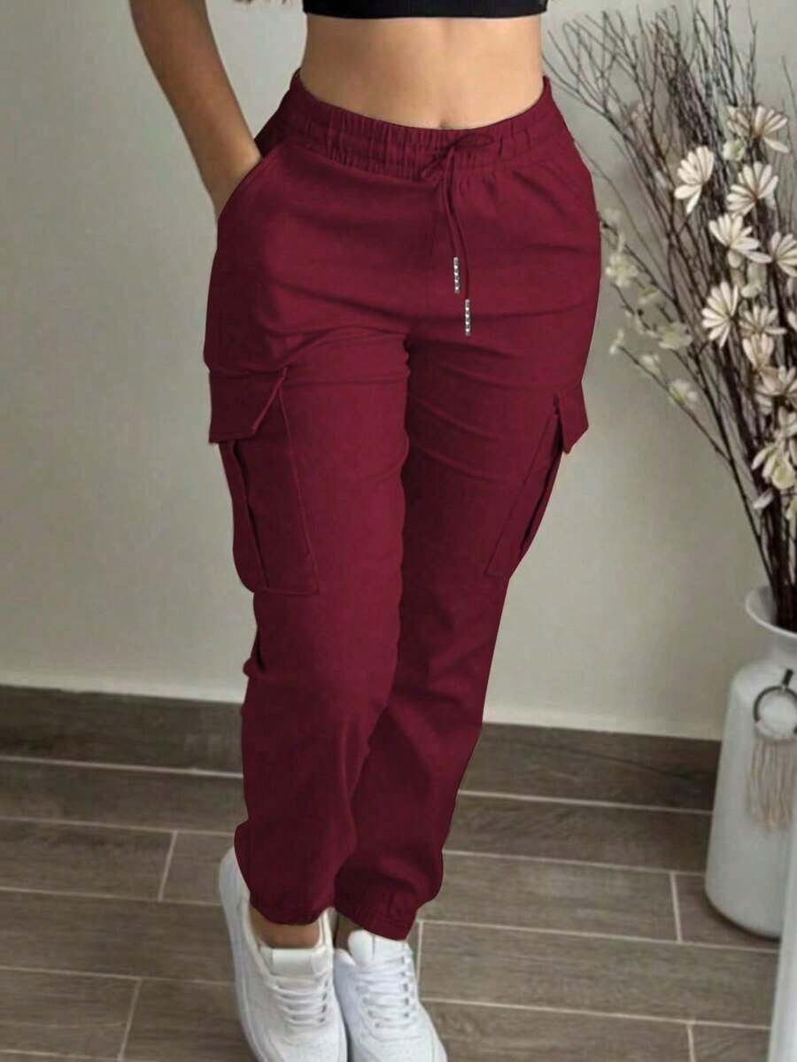 Women's Fashion Elegant Solid Color Casual Pocket Elastic Waist Drawstring Cargo Pants - 紅色74 - 查看 1