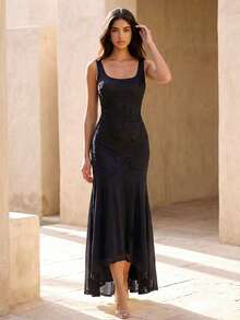 Perirose 女士优雅黑色方领刺绣网纱鱼尾裙摆正式晚礼服 - 黑色 - 查看 8