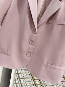 女士休闲纯色高品质有衬里前开襟纽扣宽松短袖西装外套，适合办公室和日常穿着，粉色夏季款 - 粉色 - 查看 5