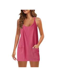 Outdoor Summer Tennis Skirt For Women, Polyester Material Preppy Sleeveless Golf Dress With Built-In Shorts And Pockets,The Size Is Too Large. - 玫瑰紅 - 查看 2
