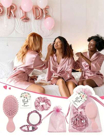 15 Stück/5 Stück Rosa Party Geschenkset - beinhaltet Mini Rose Klappspiegelchen, kleine Kämme, Haargummis, Kordelzugbeutel und Dankeskarten. Ideal für Junggesellinnenabschiede, Geburtstagsgeschenke und Partyfavors | Süßes Design | Strapazierfähiges Plastik Material
