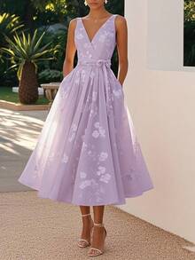 Fashionable Multi-Color Sleeveless Dress, Embroidered V-Neck, Cinched Waist, Lace Up, Mid Length Banquet Dress For Women - 紫色 - 查看 1