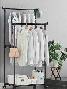 1pc Adjustable Double-Bar Multi-Tier Clothing Rack - Freestanding Metal Garment Organizer With Shelves And Side Hooks, Easy To Move, Suitable For Home Storage, Bedroom, Closet, Retail Store Organization, Sturdy Frame Structure - Multicolor - View 5
