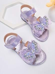 2026 New Girls' Princess Style Purple Mesh Rhinestone Butterfly Sandals, Summer Hook And Loop Non-Slip Performance Shoes - Purple - View 1