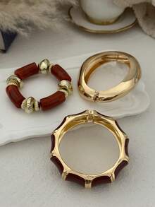 1 Set de Pulsera de Aleación de Color Maillard Combinada con Pulsera Asimétrica de Cuentas de Acrílico, Adecuada para el Uso Diario, Viajes y Combinación de Moda de las Mujeres - Multicolor - Ver 8