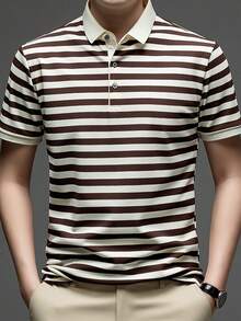 Pro Man Men's Striped Knit Polo Shirt - Fashionable & Comfortable - Knitted - Mocha Brown - View 2