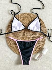 2025新款夏季欧美女士性感时尚格子印花露背系带三角上衣和侧系带泳裤两件式比基尼泳装套装，度假沙滩粉色 - 粉色 - 查看 6