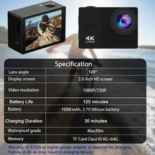 4K Action Camera 1080P HD, 170° Wide Angle Waterproof Sports Camera, With 2.0" LCD Screen, 1050mAh Rechargeable Battery, Electronic Image Stabilization, Ideal For Cycling, Diving, Vlogging And Outdoor Adventure - Black - View 8