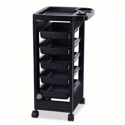 Paddie Black Salon Trolley Cart With Wheels/5 Drawers/Dryer Holder/Tint Bowl Slot For Hair Stylist, Beauty Equipment