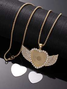 Personalized Angel Wings Rhinestone Photo Necklace, Customized Photo Necklace, Hip-Hop Style Photo Pendant, Iced Out Customized Round Photo Pendant ,For Family - Multicolor - View 16