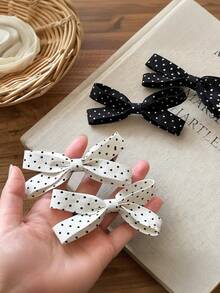 4pcs Cute Black & White Polka Dot Bow Hair Clips, Fashionable Versatile Bangs Hairpins - Multicolor - View 2