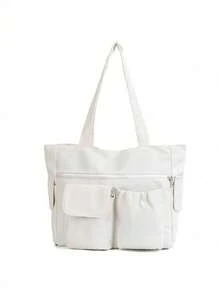 简单轻巧的纯色手提包，配有多个口袋和大容量，可容纳笔记本电脑、适合读书周的学院风书包、大型校园手提包、多个隔层，非常适合海滩、学校、工作和日常使用 - 白色 - 查看 7