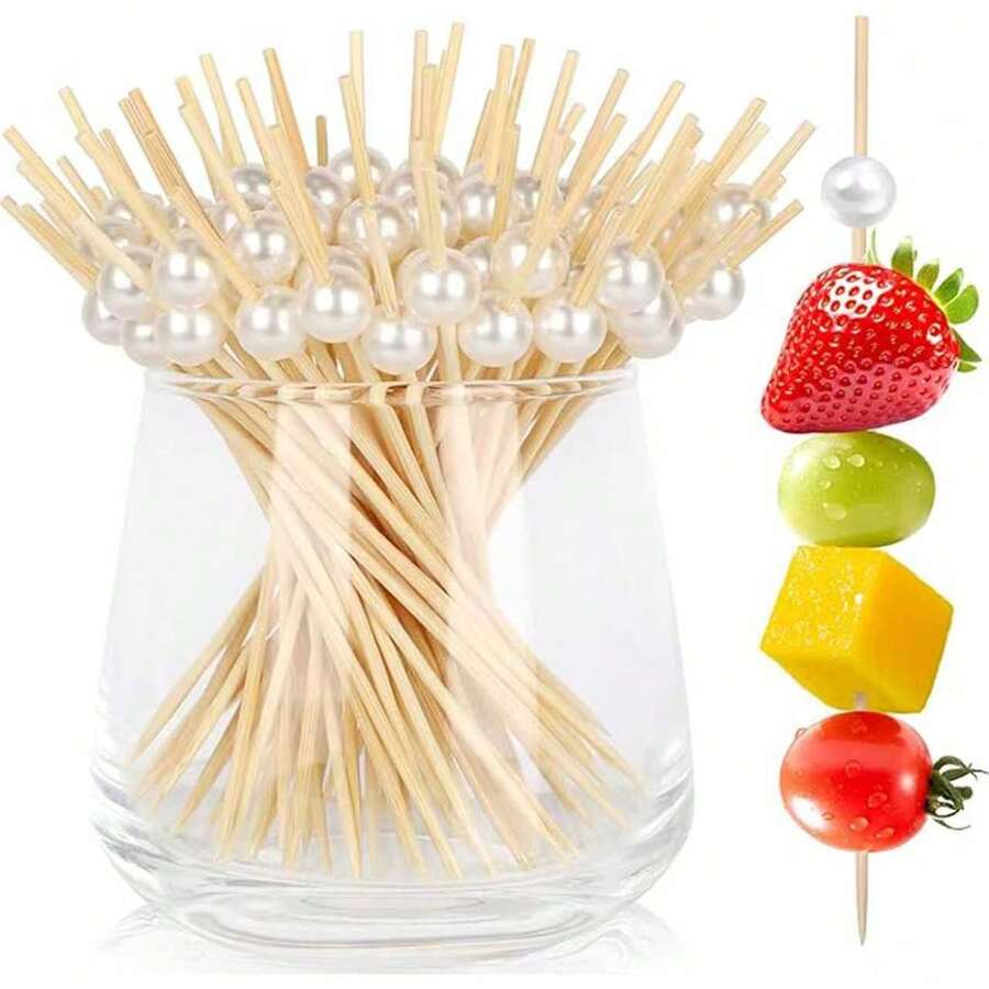 白色珍珠水果夹，婚礼派对蛋糕甜点签，自助餐纸杯蛋糕签，竹制牙签，开胃水果串，纸杯蛋糕三明治签，长款鸡尾酒签。适用于情人节、生日、婚礼、婴儿洗礼等场合。牙签串，青少年用品，价格实惠，新奇小玩意，迷你尺寸，酷炫小工具，独特单品，厨房装饰，桌面装饰 - 白色 - 查看 1