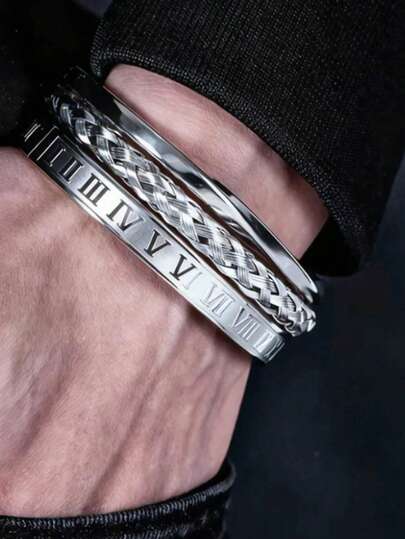 3件套复古开口扭纹莫比乌斯手镯，不锈钢罗马数字编织手链套装，男士时尚配饰