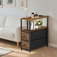 2 Pcs Mesita de Noche Buró para Recamara con Estación de Carga Mesas Auxiliares con 2 Cajones de Tela y Estante de 2 Niveles para Dormitorio Espacios Pequeños Mesa Auxiliar Mueble Lateral - NegroMadera - Ver 2