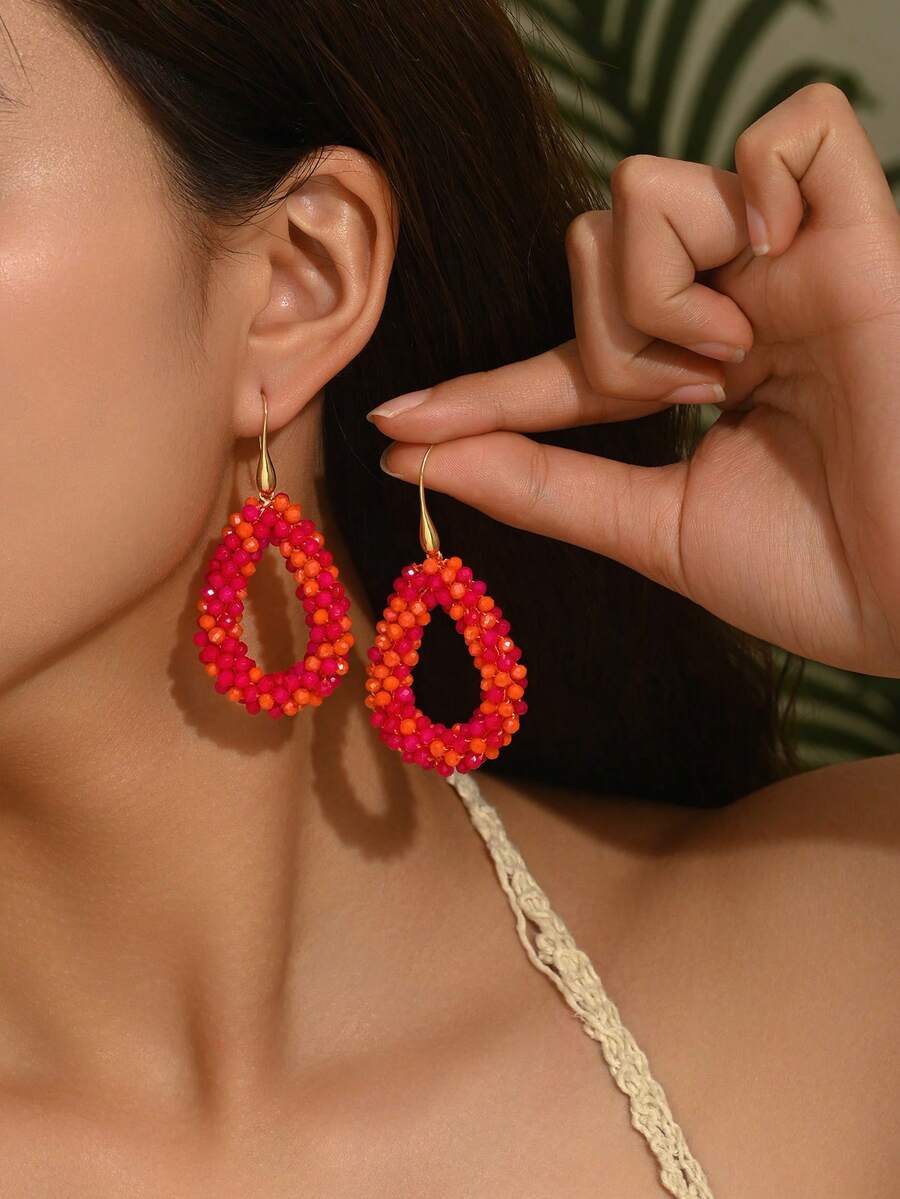1 Cặp bông tai tua rua và hạt pha lê nhân tạo phong cách Bohemian thủ công, bông tai hình giọt nước hình học độc đáo thanh lịch cổ điển, quà tặng bông tai thời trang cho đám cưới, lễ hội âm nhạc, bạn bè và người yêu, phù hợp cho phụ nữ đeo hàng ngày, đi nghỉ, dự tiệc (Màu sắc và vị trí hạt ngẫu nhiên) - Màu Hồng Tươi - Xem 1