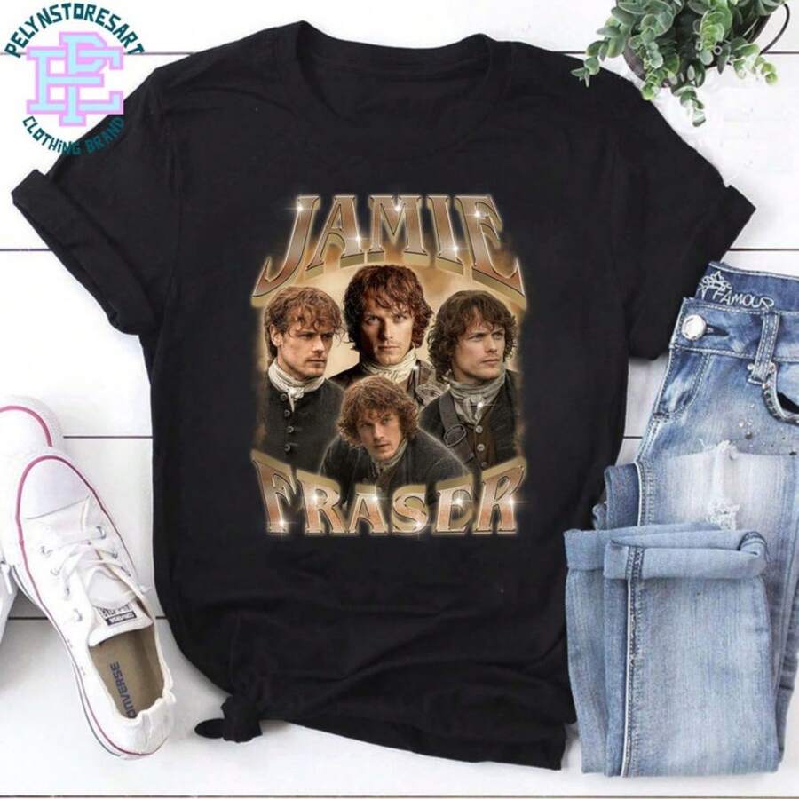 Jamie Fraser Pirate Vintage T-Shirt, Outlander Fan T-Shirt, Highlander Aesthetic Graphic, 90s Sam Heughan Retro T-Shirt, Romantic TV Gift - 黑色 - 查看 1
