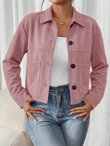 Women's Faux Suede Cropped Jacket Casual Fall Fashion Button Down Winter Coats Outerwear Clothes Christmas New Years Outfit Women - 粉色 - 查看 5