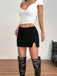 1 Pc Women's Y2K Mini Casual High Slit Sexy Stretchy Bodycon Mini Skirt – Low-Rise Fitted Micro Skirt, Versatile Retro-Inspired Bottom For Females, Ideal For Daily Wear, Date Nights, Valentine's Day, Street Style, Parties, Clubbing, Viral Bestselling Must-Have, Perfect Gifts For Girlfriends, Friends & Colleagues - 黑色 - 查看 2