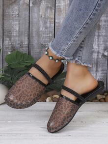 New Women Mesh Leopard Print Flat Slippers, Casual Fashion Comfortable Retro Elegant Wear-Resistant Daily Versatile Style - Brown - View 3