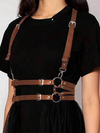 1 chiếc dây đeo quần nữ kiểu Phục Hưng màu nâu hạt dẻ bằng da PU thời trang, thích hợp cho các bữa tiệc Halloween hoặc mặc hàng ngày.