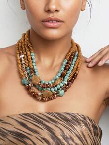Bohemian Style Multi-Layer Beaded Necklace, Malachite Brown Vintage Faux Turquoise Wood Inlay Vacation Style Choker Necklace - Multicolor - View 4