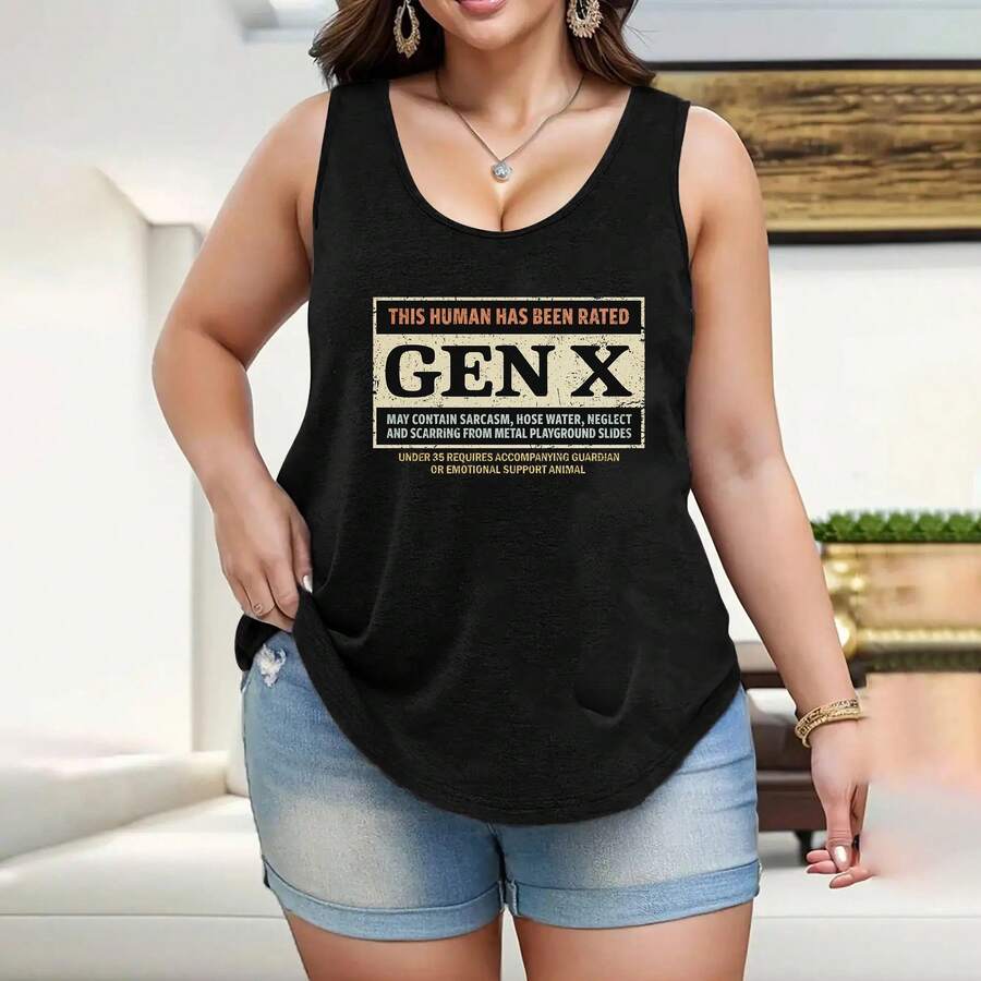 39400-Rated Gen X T-Shirt, Men's Everyday Cotton T-Shirt, 220g Pure Cotton, And Comfortable, Perfect For Running Errands, Lounging, Or Outdoor FunPlus Size Women's Basic Tank Top, Soft Breathable Fabric, Comfortable Stretchy Material, Figure Flattering Design, Loose Fit Style, Perfect For Daily Casual Wear, Home Lounge And All Season Matching - 黑色 - 查看 1