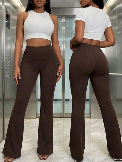 Damskie spodnie dzwony w jednolitym kolorze ze średnim stanem, odpowiednie na co dzień, na wiosnę/lato i na wakacje