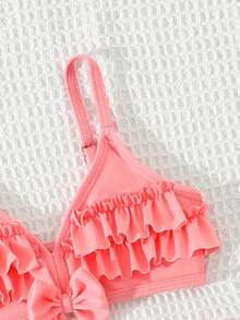 Baby Girl Ruffled Bow Decor Swimsuit Set, Fashionable Summer Holiday - Pink - View 4