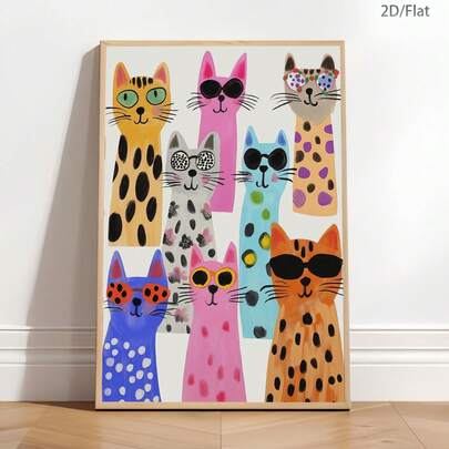 1幅色彩鲜艳、酷炫时尚的猫咪眼镜帆布艺术印刷海报，现代墙面艺术装饰画，时尚有趣的猫咪主题装饰，适用于卧室、客厅、办公室、书房、浴室、厨房、走廊、宿舍、公寓墙面装饰和家居装饰，是送给朋友的理想礼物。