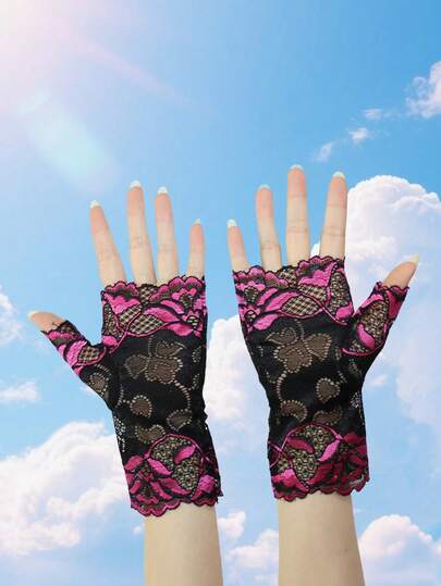 Lace Gloves For Women, Breathable Thin Half Finger Gloves, Summer Fashion Short Fingerless Touchscreen Gloves, Hollow Out Design To Cover Scars, Suitable For Tea Picking