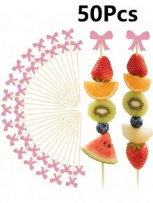 10/100pcs Pink Bow Toothpicks, Elegant Pink Bow Cocktail Picks, Bamboo Toothpicks, Suitable For Birthday Party Supplies, Can Be Used For Drinks, Appetizers, Baking, Wedding Desserts, Parties, Cakes And Cupcake Decorations, And Party Foods - Multicolor - View 13