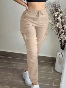 Women's Fashion Elegant Solid Color Casual Pocket Elastic Waist Drawstring Cargo Pants - 杏色 - 查看 11