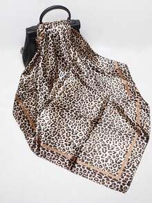 1pc Women's Fashion 90cm Square Scarf, Spring/Summer Bandana With Leopard Print & Chain Pattern, Satin Headscarf - Coffee - View 4