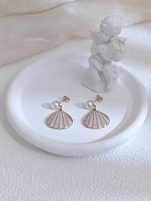 1 Pair Women's Faux Pearl Earrings With Striped Shell Pendant, Minimalist Elegant Suitable For Teenage Girls, Colorful Oil Drop Stainless Steel Earrings, Ocean Beach Design Exaggerated Earrings Suitable For Daily Wear, Beach Vacation And Parties, Retro Casual Bohemian Style Fashion Accessories, Unique Stainless Steel Ladies Earrings That Won't Cause Allergies - Gold - View 9
