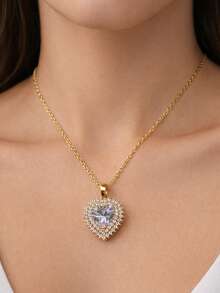 Women's Gold Or Silver Necklace With A Heart-Shaped Pendant Set With A Cubic Zirconia In Genuine 316L Stainless Steel. - 金色 - 查看 2