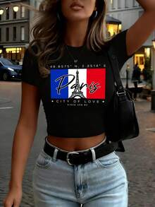 Paris City Of Love Since 259 Art Letter Print Women T Shirt Summer Short Sleeve Hip Hop Crewneck Clothes Slim Yoga Crop T-Shirts - 白色 - 查看 8