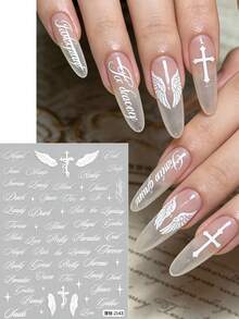 2pcs White English Letter Character Punk Rock Style Italic Calligraphy Wing Nail Stickers, Minimalist DIY Nail Art Decor For Women & Girls - White - View 3