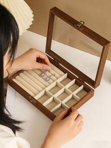 1个大型木质首饰盒，带透明盖，带锁首饰展示盒，天鹅绒内衬首饰收纳托盘，适用于戒指、耳环、项链、新娘婚礼配饰、女士礼物 - 米色 - 查看 10