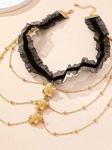 1件性感蕾丝金色流苏花朵腿链，适合女性日常、派对和节日穿着 - 金色 - 查看 4